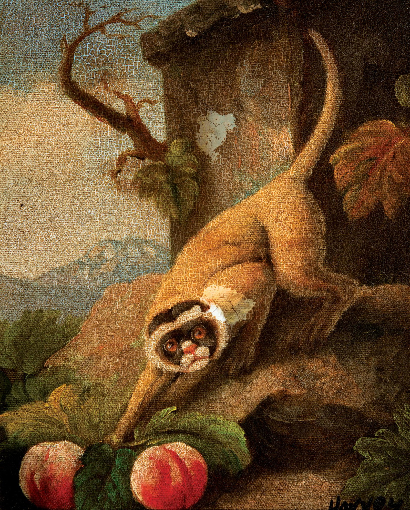 Decorative Reproduction on Canvas: Decorative Reproduction on Canvas , "Monkey with Peaches", signed "Harvey" lower right, 10 in. x 8 in., framed . Condition: Surface dirt; light surface marks