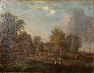 Richard Westall (British, 1765-1836): Richard Westall (British, 1765-1836) , "Village Scene with Inn", oil on canvas, signed lower left, 20 1/2 in. x 26 3/4 in., unframed Condition: Scattered loss and active flaking throughout; toning of