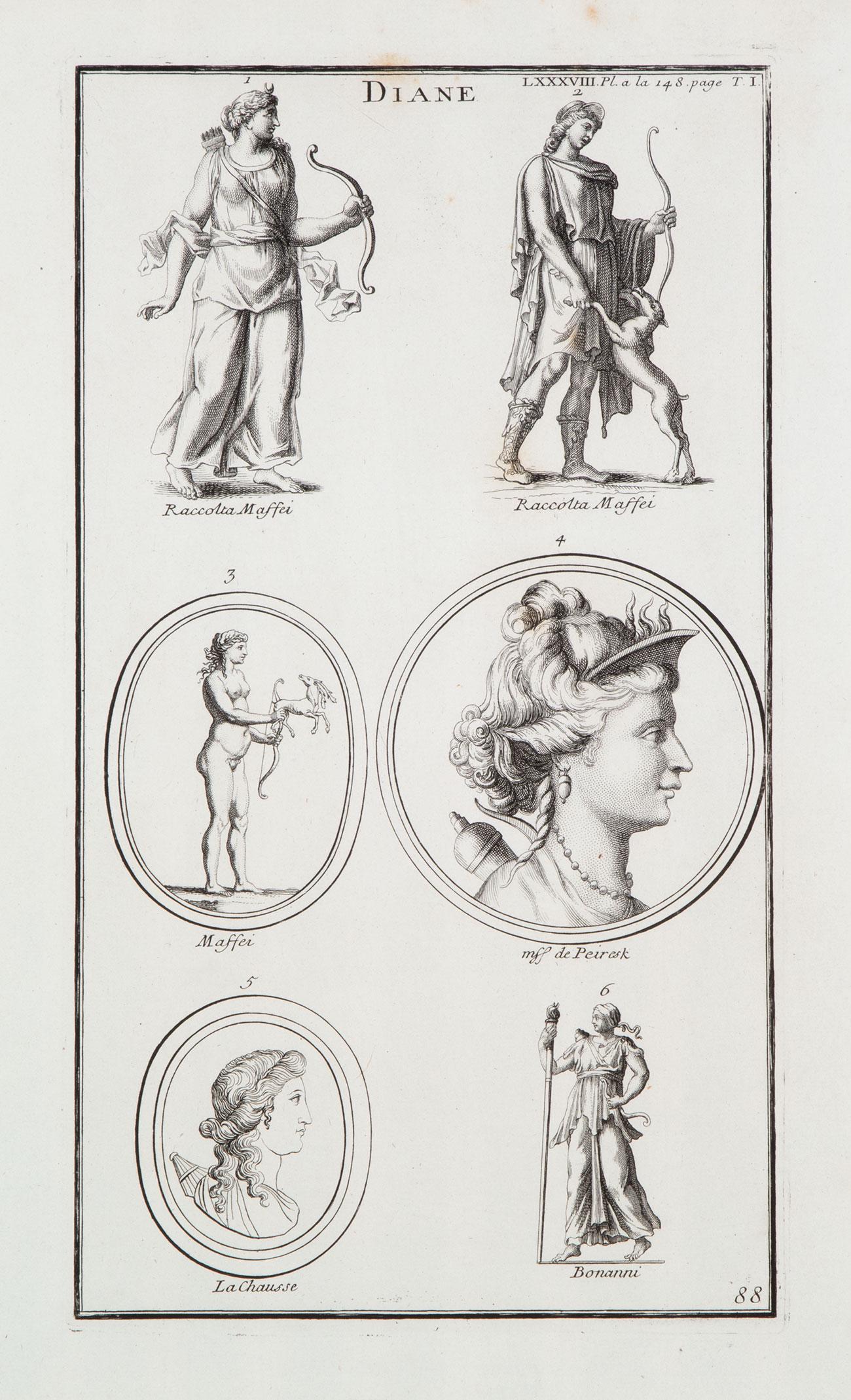 After Dom Bernard de Montfaucon (French): After Dom Bernard de Montfaucon (French, 1655-1741) , "Diane" and "Soldats Daces ou des Nations Voisines", c. 1719, 2 copperplate engravings on paper, from L'Antiquité Expliquée et Representee en Fi