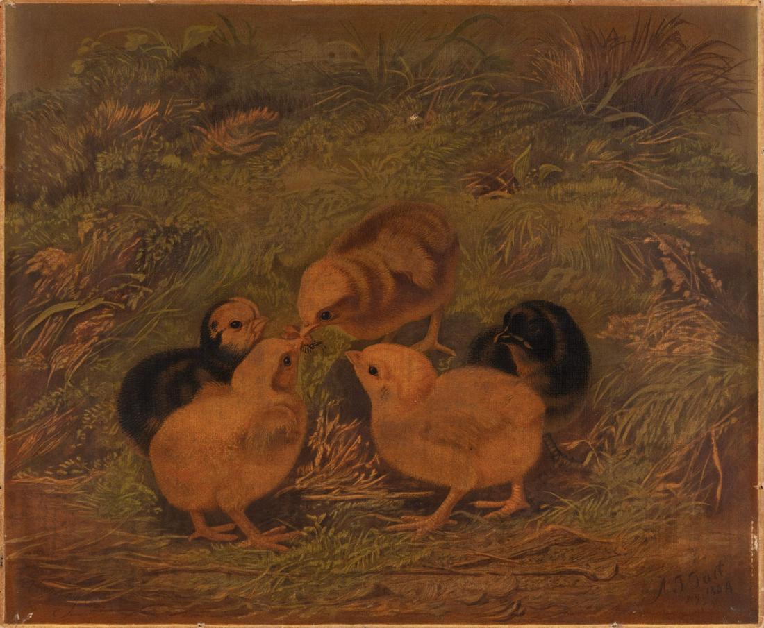 After Arthur Fitzwilliam Tait (British): After Arthur Fitzwilliam Tait (British, 1819-1905) , "Group of Chickens" and "Group of Ducklings", 1869, 2 chromolithographs on board, printed by L. Prang Co., one signed and dated in plate, artist, t
