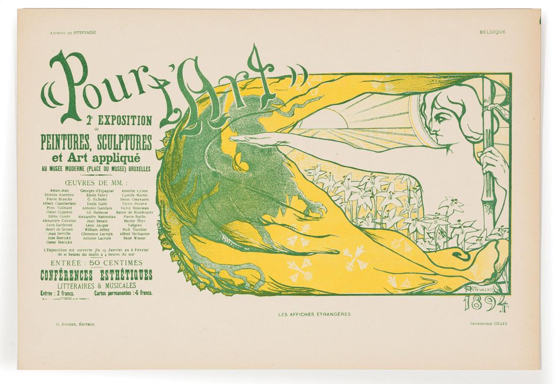 Henri Ottevaere (Belgian, 1870-1940): Henri Ottevaere (Belgian, 1870-1940) , "Pour L'Art 2nd Expositon", 1894, lithograph, signed in plate, 8 1/4 in. x 12 in., unframed Condition: Toning; discoloration along edges; scattered marks and smu