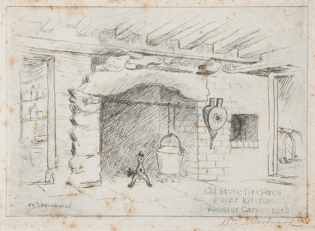 William Woodward (American/Louisiana): William Woodward (American/Louisiana, 1859-1939) , "Capt. Wooster Carpenter Place, Seekonk - Over the Meadow - 1884", 1932, "Old Stone Fireplace Cellar Kitchen, Capt. Wooster Carpenter's", "Capt. Woos