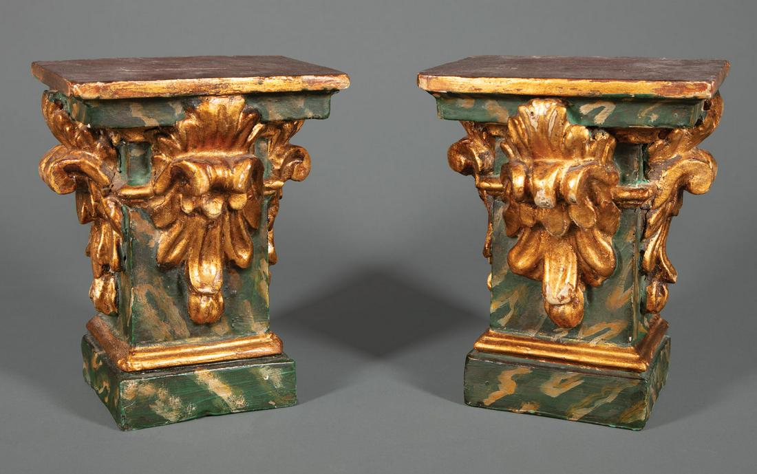 Pair of Gilt and Faux Marbre Brackets: Pair of Gilt and Faux Marbre Brackets , 20th c., h. 9 1/2 in., w. 7 in., d. 5 1/2 in