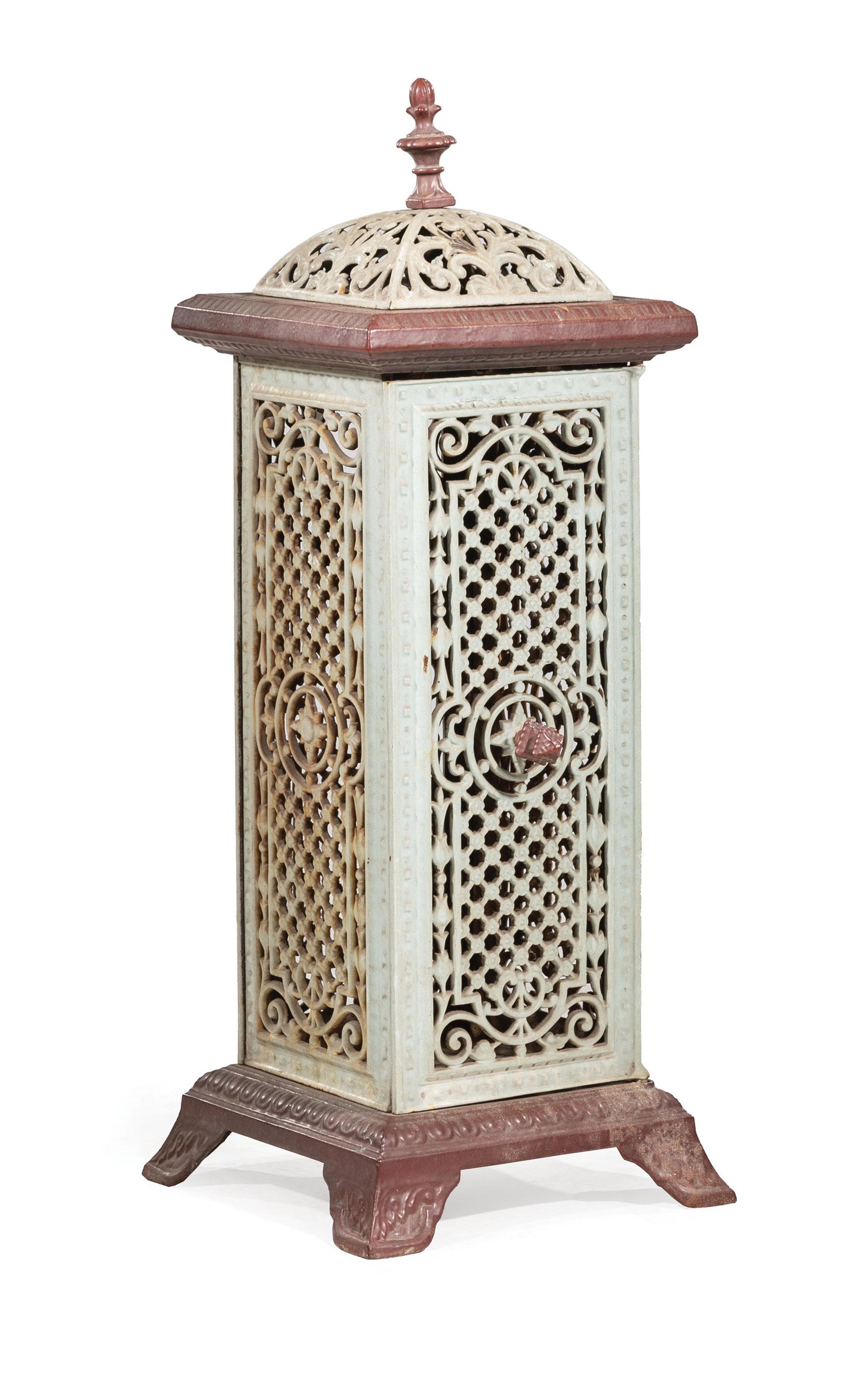 French Cast Iron and Enameled Stove: French Cast Iron and Enameled Stove , 19th c , h. 41 in., w. 13 in Provenance: Property of the Mobile Museum of Art, Mobile, AL, sold to benefit their Collections, Care and Acquisitions Fund.