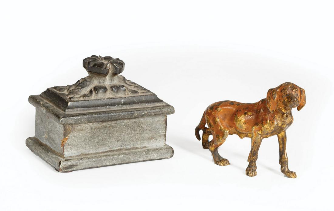 Cold Painted Bronze Figure of a Hound: Cold Painted Bronze Figure of a Hound and Grand Tour Basalt Coffer , coffer h. 2 1/4 in., w. 2 3/4 in., d. 1 3/4 in