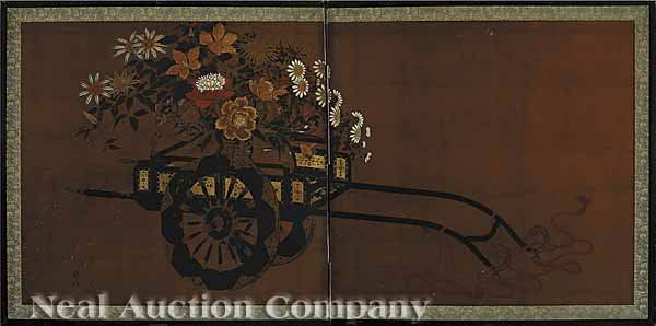 Japanese School, Meiji Period (1868-1912) screen: Japanese School, Meiji Period (1868-1912), "Flower Cart", two panel screen, ink, color, and gold on paper with gofun highlights, signed and sealed lower left, image 30 3/4 in. x 67 in., overall 36 in.