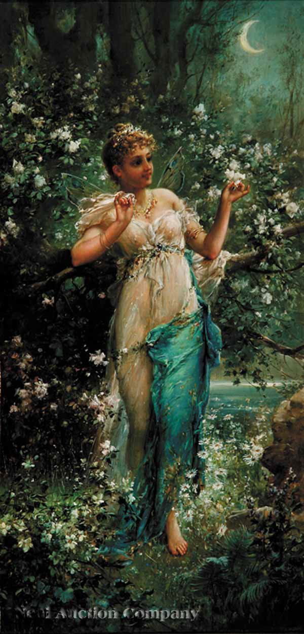 Hans Zatzka (as Joseph Bernard): Hans Zatzka (as Joseph Bernard, Austrian, 1859-1945), "Titania", oil on cradled wood panel, signed lower left "J. Bernard", pencil-signed, titled and inscribed en verso, 20 3/4 in. x 10 1/4 in., in a