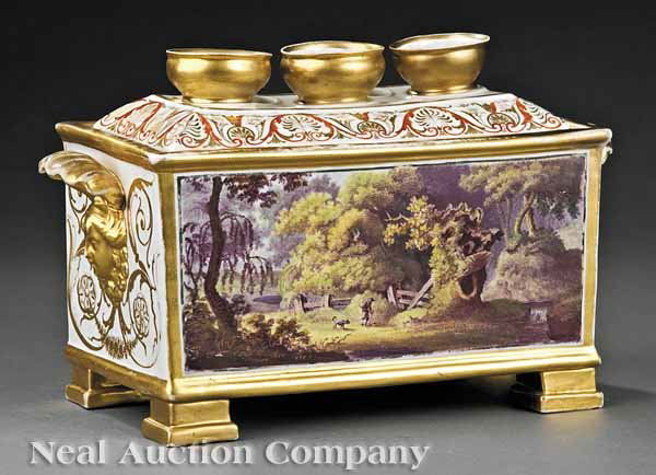 A Coalport Porcelain Bough Pot: A Coalport Polychrome and Gilt-Decorated Porcelain Bough Pot, c. 1825, unmarked, sarcophagus form, one side profusely decorated with flowers, the other with a man and his dog in a forest landscape, th
