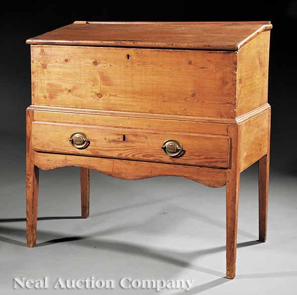 An American Federal Pine "Sugar Desk" on Stand: An American Federal Pine "Sugar Desk" on Stand, c. 1830-40, probably central Tennessee, slant lid with small gallery to the rear, opening to drawers and compartments, the molded base with long drawer,