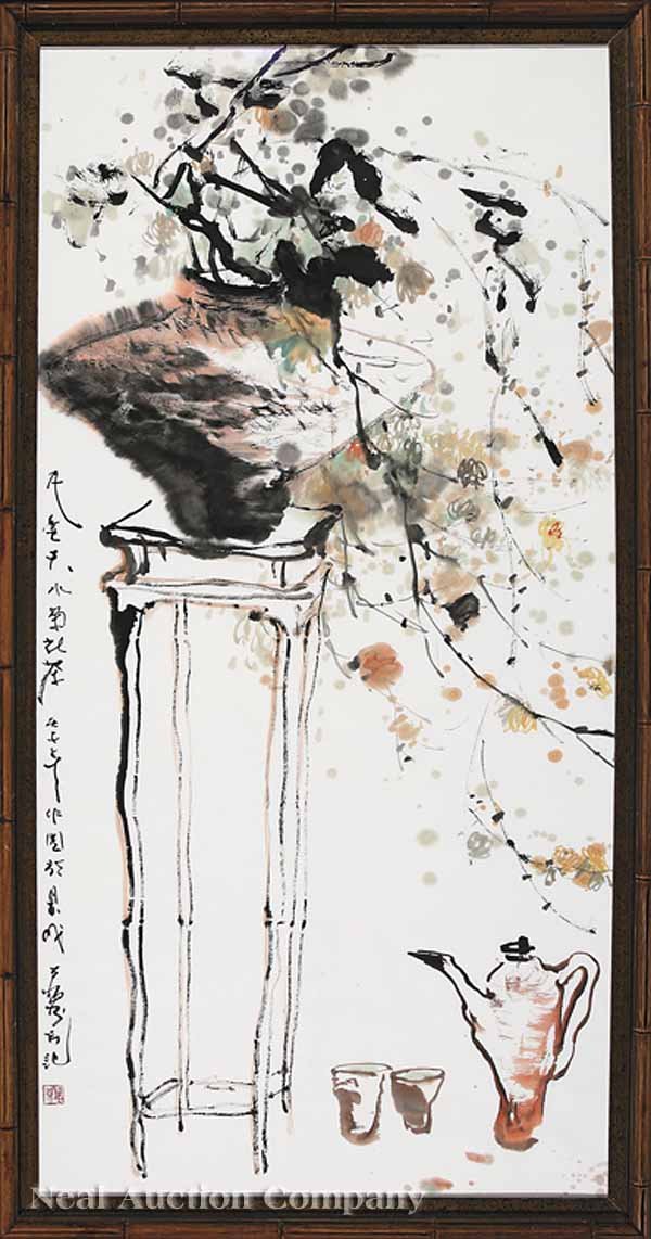 Wan Ding (Chinese, b. 1955): Wan Ding (Chinese, b. 1955), "A Cizhou Vase Plays Host to the Winter Prunus in Time for Tea", ink and color on paper, signed, inscribed and sealed middle to lower left, sight 53 1/2 in. x 26 1/4 in., 