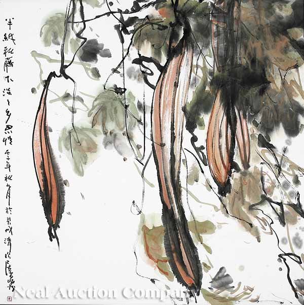 Wan Ding (Chinese, b. 1955): Wan Ding (Chinese, b. 1955), "The Fruiting Loofah Dangle Before the Harvest", ink and color on paper, inscribed, signed and sealed upper to lower left, sight 26 1/2 in. x 26 1/2 in., framed
