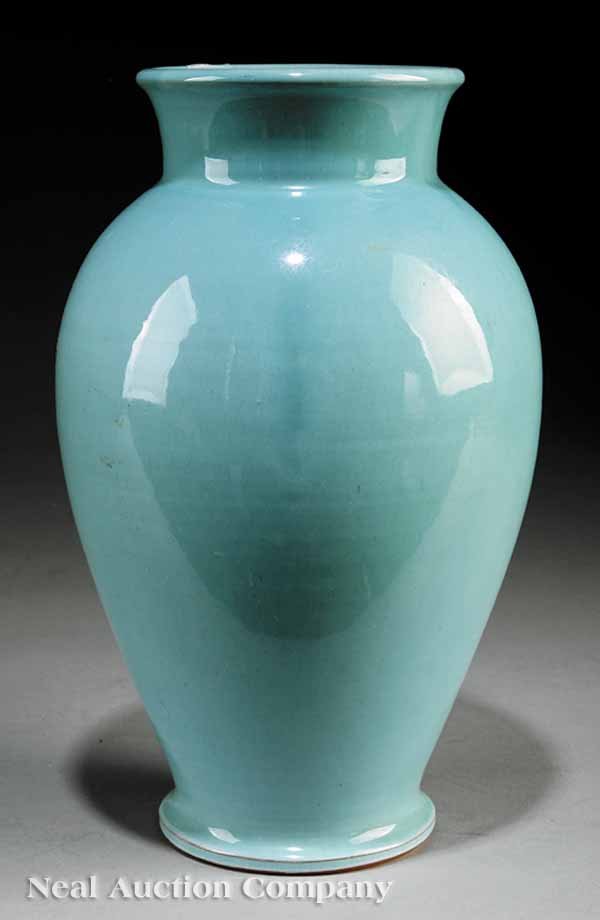 A Shearwater Art Pottery Vase: A Shearwater Art Pottery Vase, c. 1945, by Peter Anderson, in an Alkaline blue glaze, accompanied by certificate of authenticity, base with dime-sized Shearwater stamp, height 11 1/4 in