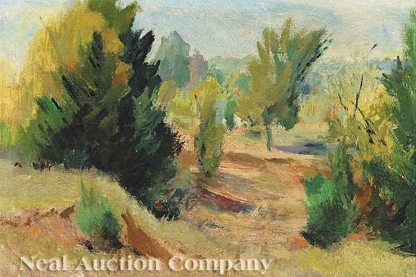 Karl Ferdinand Wolfe (American/Mississippi): Karl Ferdinand Wolfe (American/Mississippi, 1904-1985), "Mississippi Wooded Landscape", oil on masonite, signed lower left, dated "Sept. 10" and "Keeton's Picture Framing, Jackson, Mississippi" label 