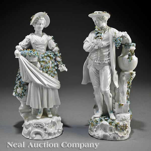 A Pair of Meissen Blanc de Chine Figures: A Pair of Meissen Blanc de Chine and Polychrome Porcelain Male and Female Gardener Figures, after the 1770 pair modeled by Acier, blue crossed swords mark to rear, height 13 1/4 in., and 13 in. respec