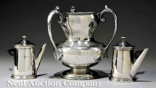 An American Aesthetic Silverplate Tyg: An American Aesthetic Silverplate Tyg, Barbour Silver Co., Hartford, CT; together with a Christofle silverplate cafe-au-lait set, tyg height 8 in