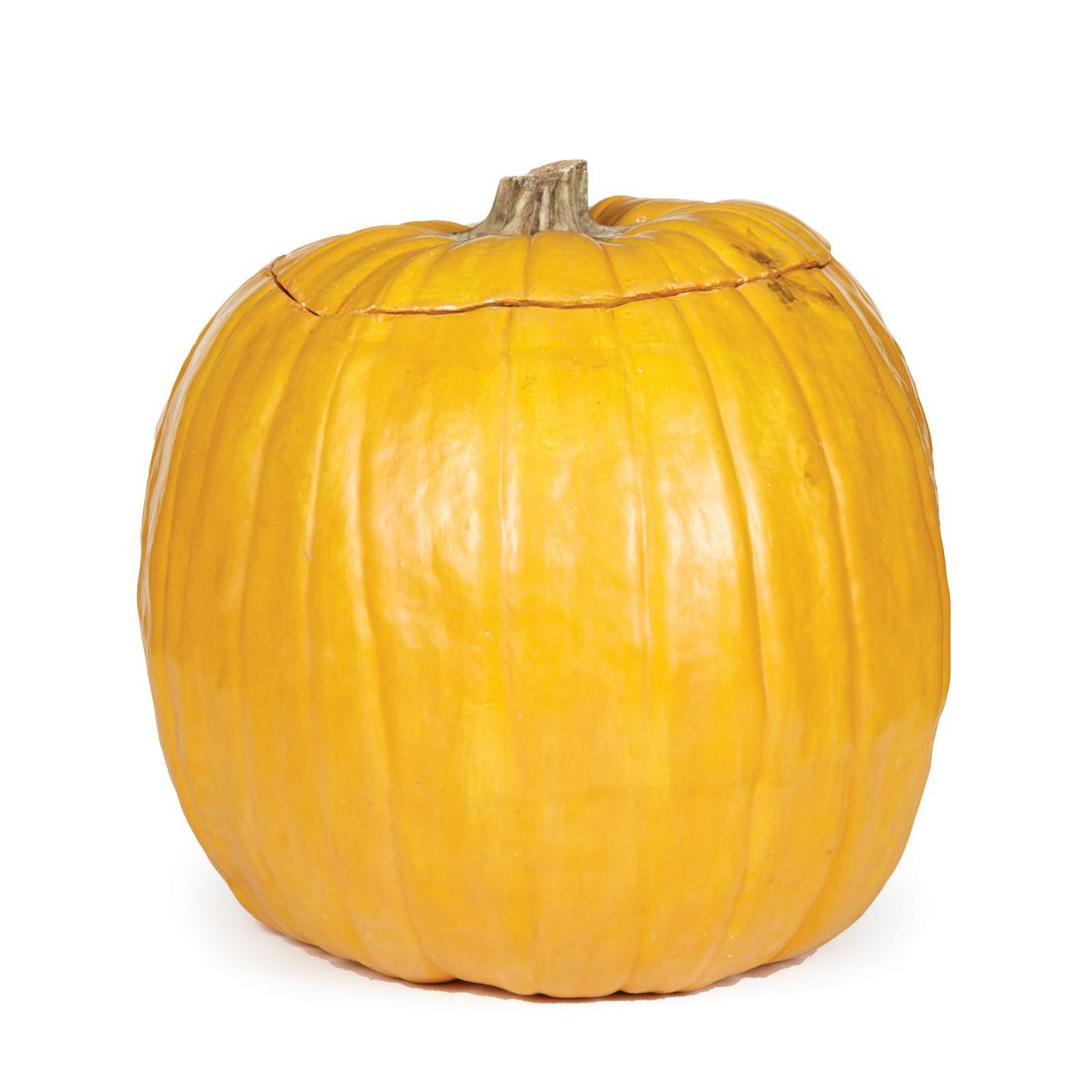 Mary Kirk Kelly Earthenware Pumpkin: Mary Kirk Kelly (American/Alabama, 1918-2013) Earthenware Pumpkin , signed under lid, h. 10 in., dia. 10 1/2 in