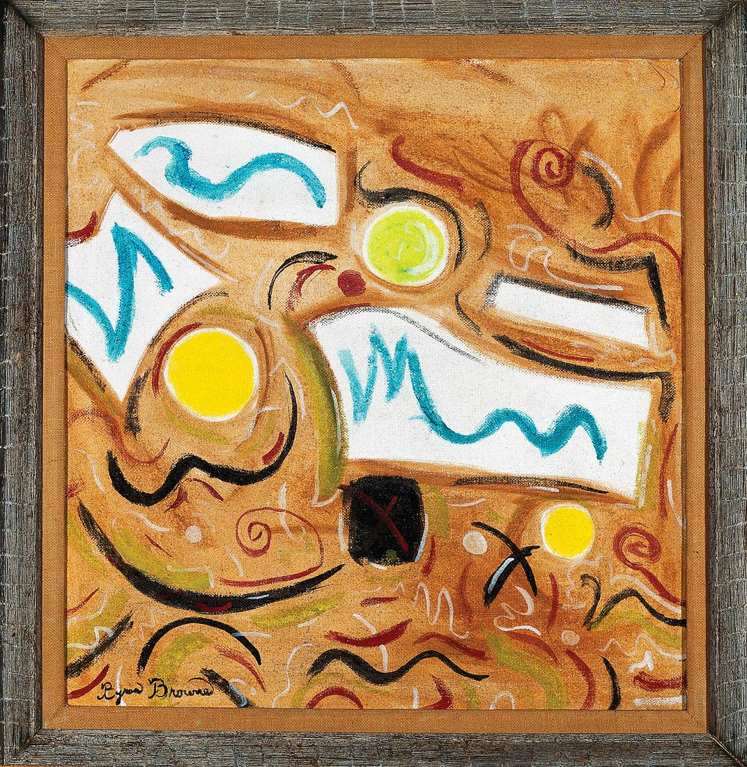 Attributed to Byron Browne (American, 1907): Attributed to Byron Browne (American, 1907-1961) , "Untitled", 1954, oil on burlap on board, signed lower left, signed, dated, inscribed "N.Y.C." and "ACA Galleries, NY" label en verso, 38 in. x 36 in