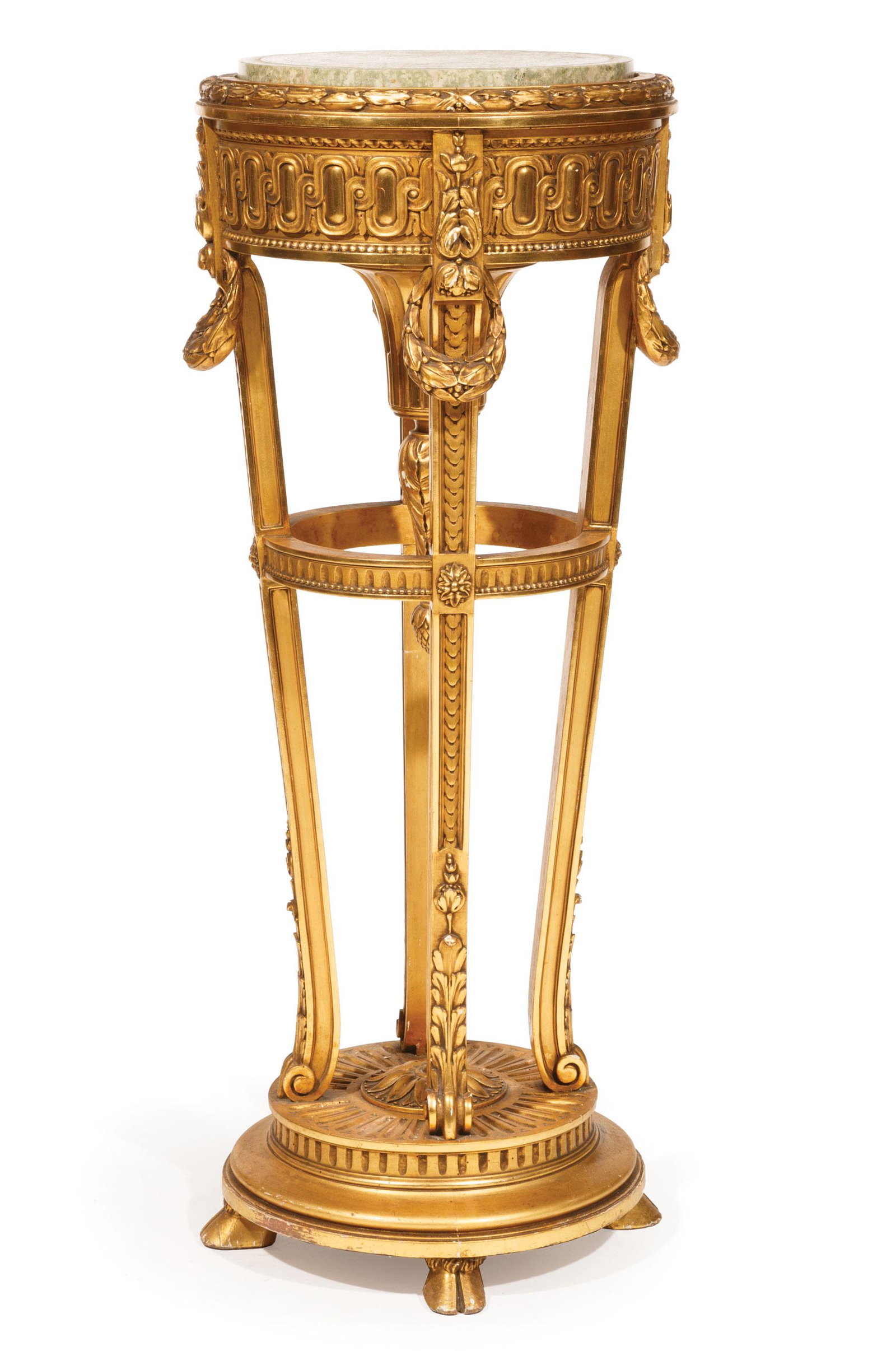 Louis XVI-Style Giltwood Torchere: Louis XVI-Style Giltwood Torchere , inset verte marble top, guilloche frieze, leaf and berry rings, pineapple finial, fluted disc base, hoof feet, h. 43 1/2 in., dia. 18 in Provenance: Estate of Arley
