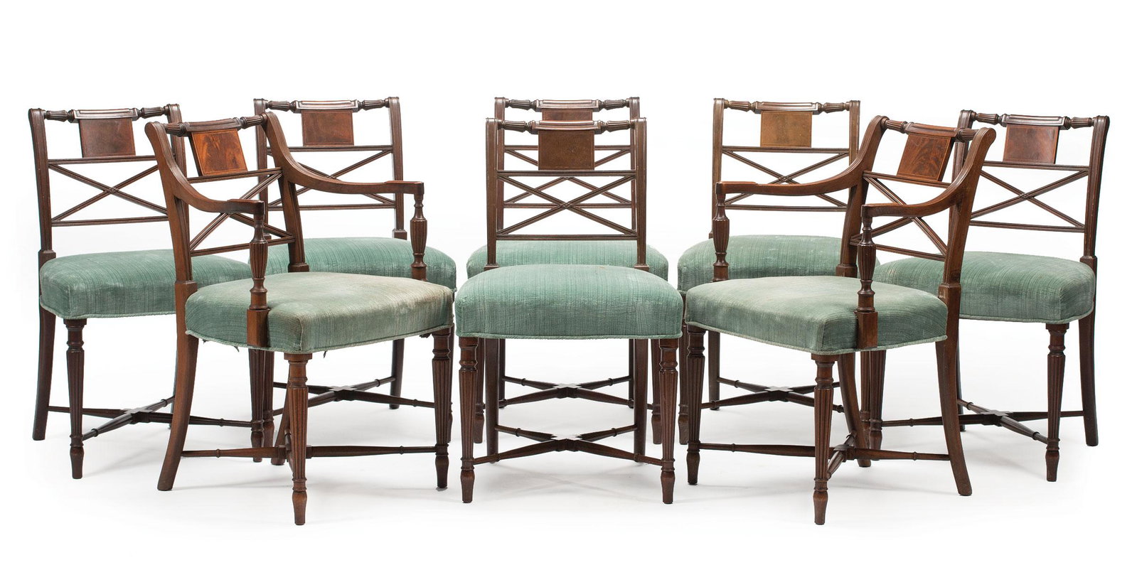 Eight Federal-Style Mahogany Dining Chairs: Set of Eight Federal-Style Mahogany Dining Chairs , late 19th c., reeded crest rail, crotch veneered panel, X back, reeded legs, turned blocked stretchers, toupie feet , armchair h. 34 in., w. 22 1/2 