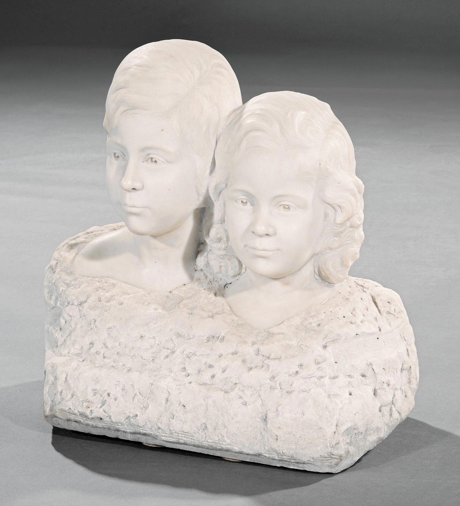 Aldo Bartelletti (Italian, 1898-1976): Aldo Bartelletti (Italian, 1898-1976) , "Children", 1931, carved marble, signed and dated on shoulder, h. 15 1/2 in., w. 15 1/4 in., d. 8 1/2 in