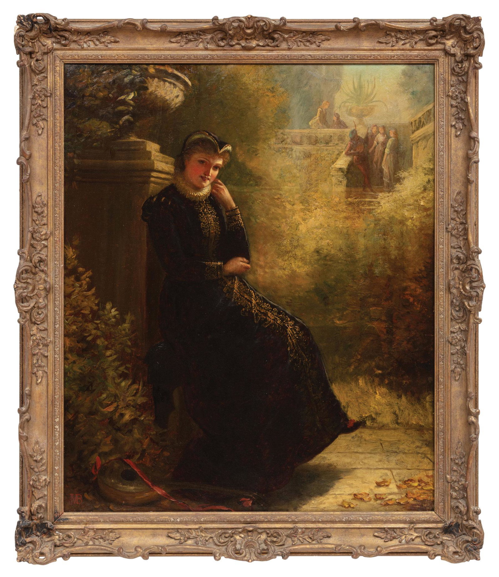 Jane Maria Bowkett (British, 1837-1891): Jane Maria Bowkett (British, 1837-1891) , "Expectancy", oil on canvas, monogrammed lower left, pencil-titled twice, inscribed with artist and handwritten label with artist on stretcher, 30 1/8 in. x 2