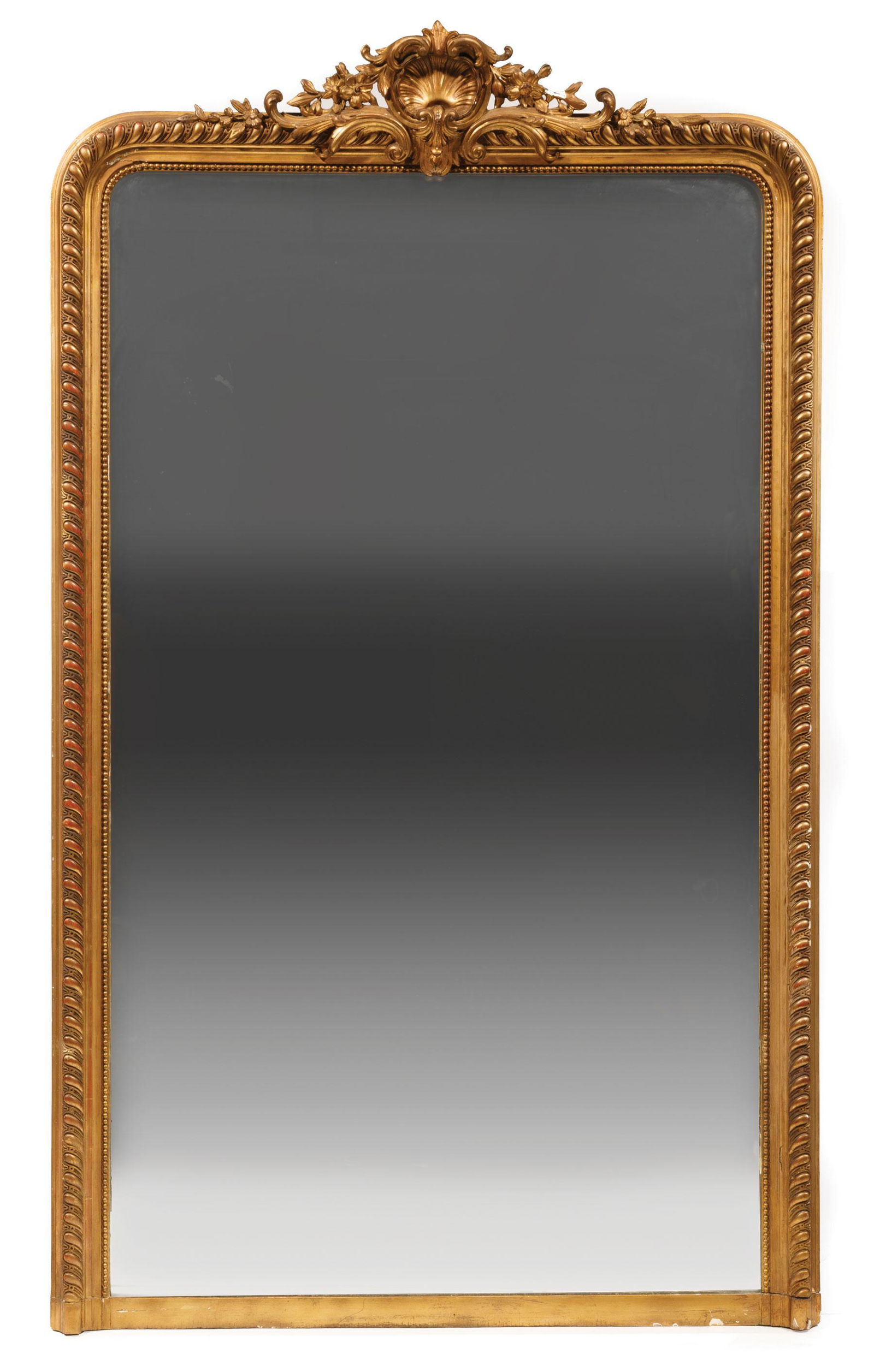 Scottish Carved Giltwood Mirror: Fine Scottish Carved Giltwood Mirror in the Louis XVI Taste , stamped John Taylor & Sons, Manufacturer, Edinburgh, oval bellflower swagged frame surmounted by a beaded cartouche, base with foliate she