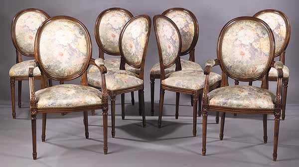 Set of Eight Louis XVI-Style Mahogan: A Set of Eight Louis XVI-Style Mahogany Chaises, 20th c., consisting of two arm and six sidechairs each with oval back and floral brocade upholstry * NO RETURNS ARE ACCEPTED ON THE BASIS OF CONDITION