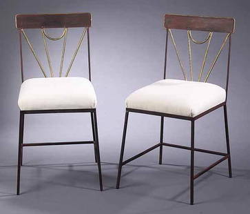 Pair of Mario VillPainted Iron and: A Pair of Mario Villa Painted Iron and Brass Sidechairs, each having a rectangular splat with brass tubular splats, padded seat on splayed legs. * NO RETURNS ARE ACCEPTED ON THE BASIS OF CONDITION