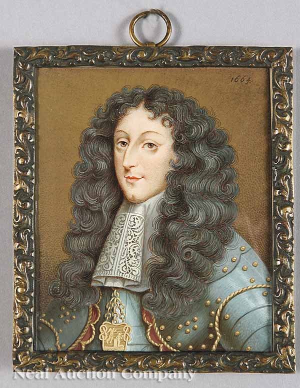 Lawrence Crosse (English, active 1650-1724): Lawrence Crosse (English, active 1650-1724), "Portrait of Charles Emmanuel II, Duke of Savoy", miniature watercolor on vellum, dated "1664" in commemoration of his mother's death and his assumption of