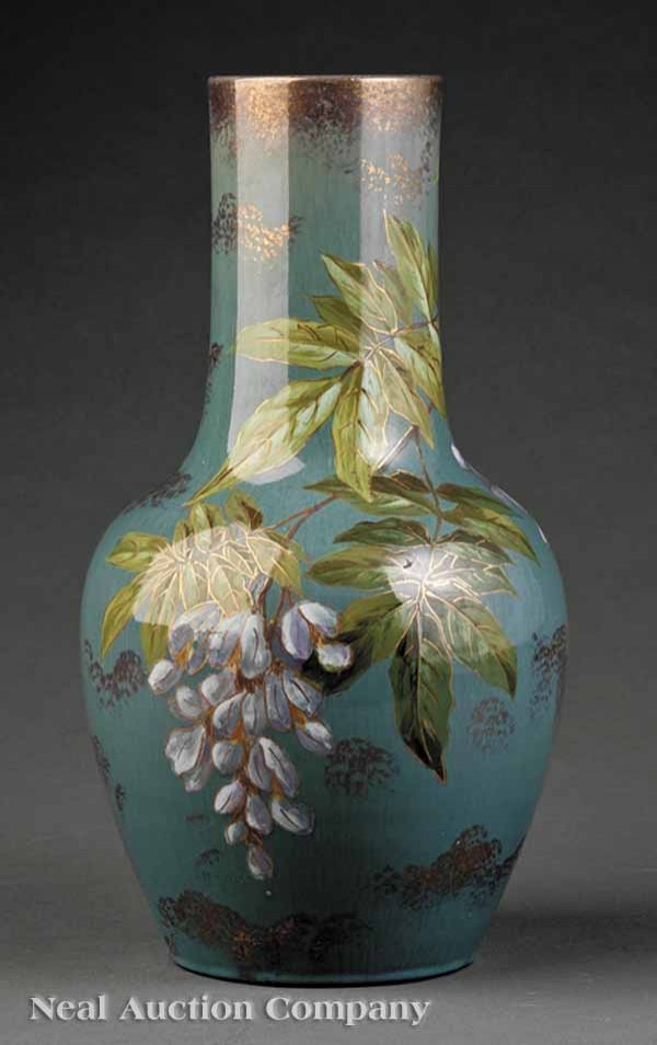 Vallauris Art Pottery Faience Vase: A Vallauris Art Pottery Faience Vase, Delphin Massier (French, 1836-1907), c. 1890, slate blue ground with an overall polychrome and gilt motif of wisteria boughs, base signed, "Delphin Massier Vallau