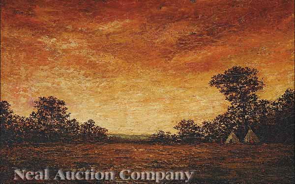 Ralph Albert Blakelock (American, 1878-1947): Ralph Albert Blakelock (American, 1878-1947), "Indian Encampment at Dusk", oil on canvas, signed lower left, 14 in. x 22 in., in a fine period cove-molded, carved, gessoed and giltwood frame