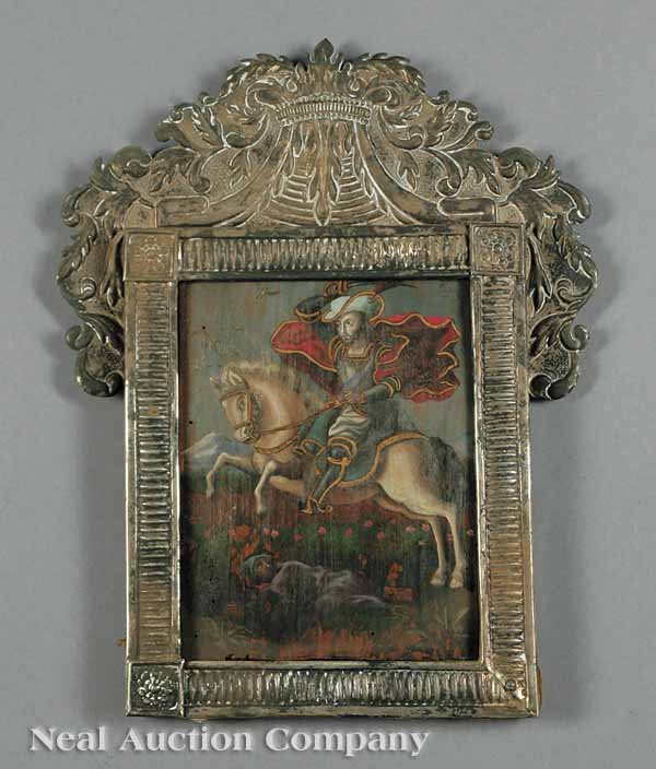 Spanish Colonial School, late 18th/early 19th c: Spanish Colonial School, late 18th/early 19th c., an equestrian painting, possibly of "St. Martin and the Beggar", 17 in. x 13 in., in a silvered frame
