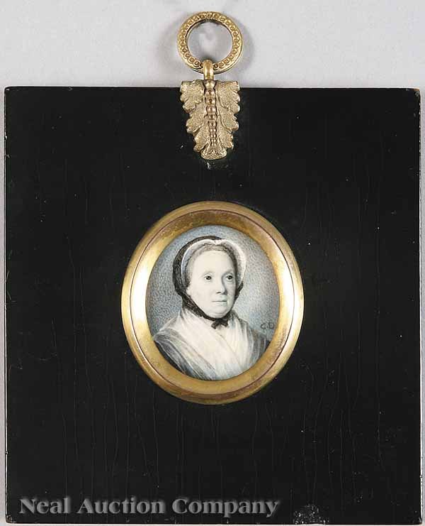 Charles Dixon (English, active 1748-1798): Charles Dixon (English, active 1748-1798), "Portrait of a Woman", miniature watercolor on ivory, signed "CD" lower center right, 1 1/2 in. x 1 1/4 in., in original lacquered wood frame