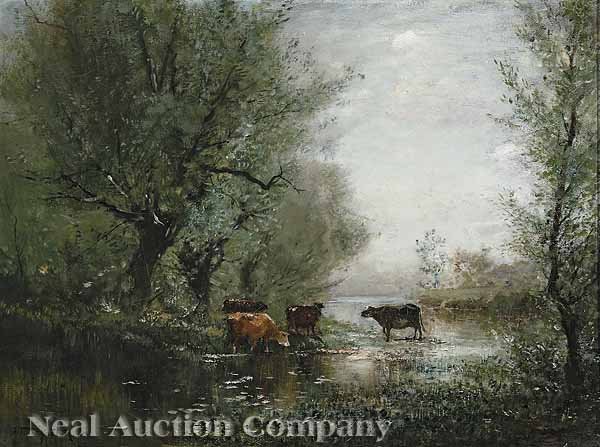 Arthur Parton, N.A. (American/New York, 1842): Arthur Parton, N.A. (American/New York, 1842-1914), "Cattle at a Woodland Pond", oil on canvas, signed lower left, 18 in. x 24 in., framed