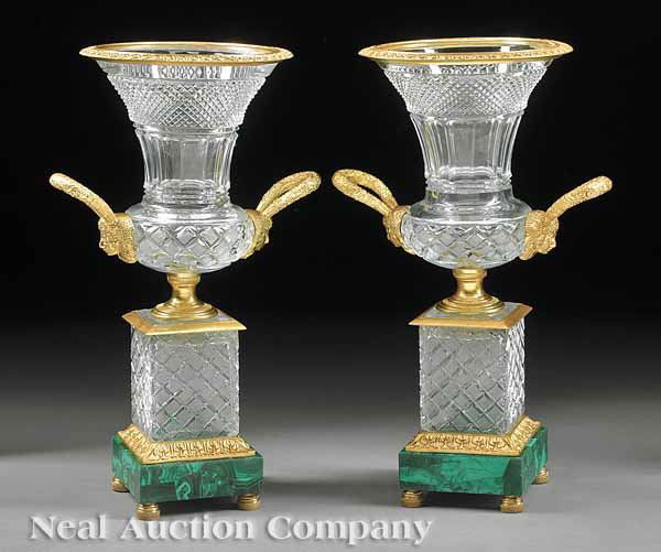 Pair Cut Crystal, Gilt Bronze & Malachite Vases: A Pair of Neoclassical-Style Cut Crystal, Gilt Bronze and Malachite Vases, flared rim, pedestal base, ball feet, height 18 in., width 11 in., depth 8 1/2 in