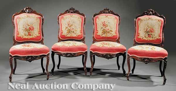 Carved Rosewood and Aubusson Tapestry Salon Suite: A Fine Louis XV-Style Carved Rosewood and Aubusson Tapestry Salon Suite, 19th c., comprising a canape, pair of fauteuils, and four chaises, covered en suite in tapestry with Neoclassical floral sprays