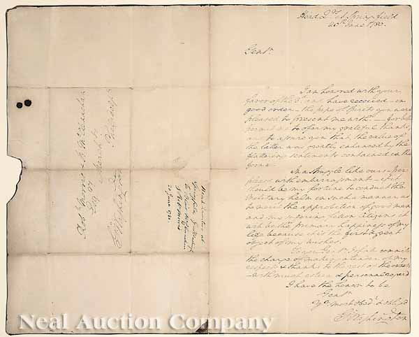 George Washington Autograph Letter: George Washington Autograph Letter, to Robert Morris and Blair McClenachan, 20 June 1780 from Springfield, NJ, thanking them for their letter and a gift of spirits, 1 folio page, ink on paper, formerl