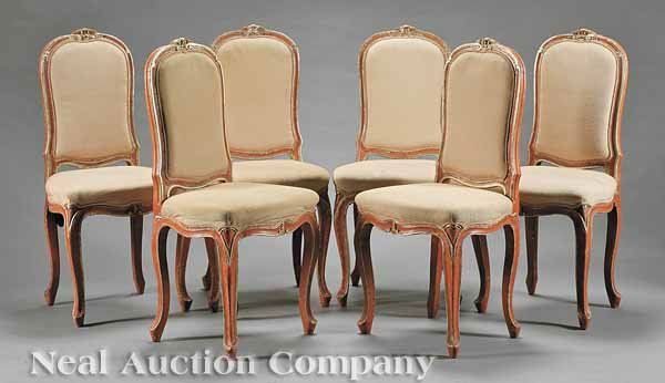 Six Italian Coral and Argente Painted Chaises: A Set of Six Italian Coral and Argente Painted Chaises, 19th c., arched backs, shaped seat rails, cabriole legs