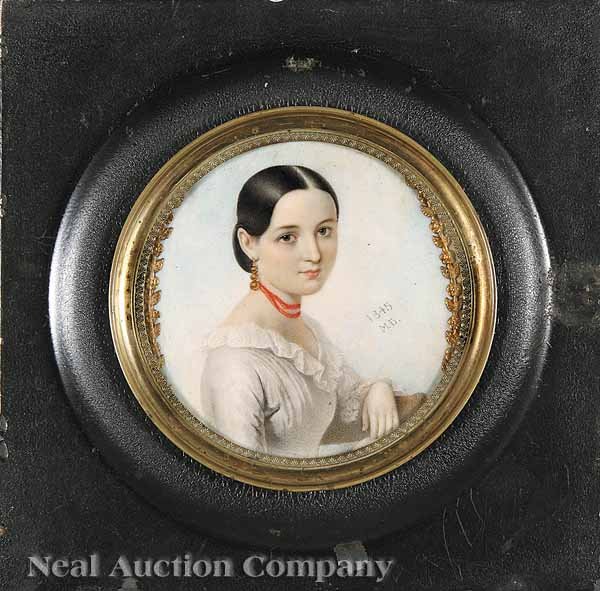 Continental School, mid-19th c: Continental School, mid-19th c., "Portrait of a Beautiful Spanish Girl", miniature watercolor on ivory, signed and dated "M.B. 1845", diameter 3 in., in a period recessed wood frame