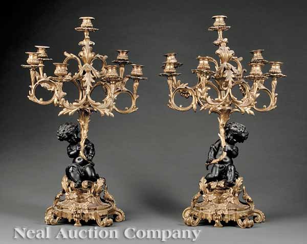 Pair Gilt and Patinated Bronze Figural Candelabra