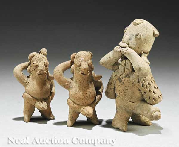 Group of Three Colima Pottery Male Figures: A Group of Three Colima Pottery Male Figures, c. 300 BC - AD 300, the largest modeled carrying a satchel over each shoulder and wearing a phallic belt, the smaller two modeled in identical pose with t