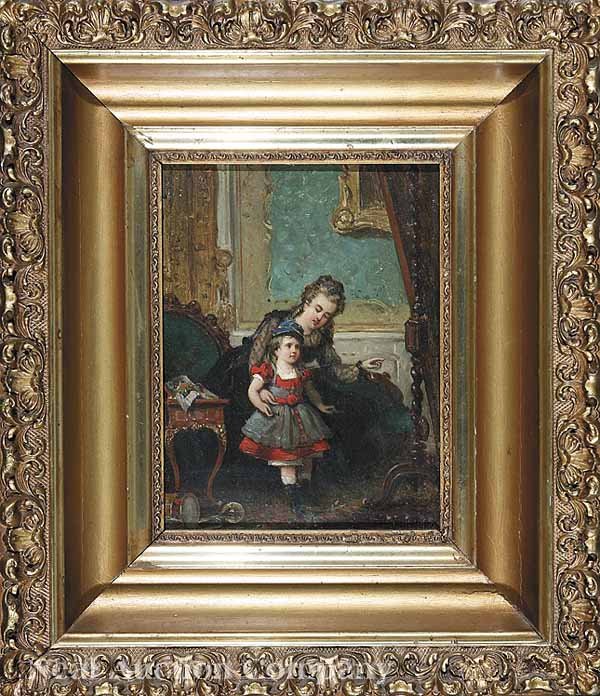 Gerard Jozef Portielje (Belgian, 1856-1929): Gerard Jozef Portielje (Belgian, 1856-1929), "Playing Dress Up", oil on board, signed lower right, 8 in. x 6 1/2 in., in a later cove-molded gessoed and giltwood frame