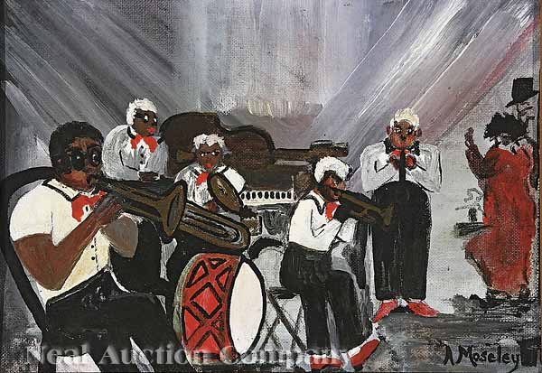 Alice Latimer Moseley (American/Mississippi): Alice Latimer Moseley (American/Mississippi, 1904-1999), "Jazz Musicians", oil on canvas board, signed lower right, 9 in. x 12 in