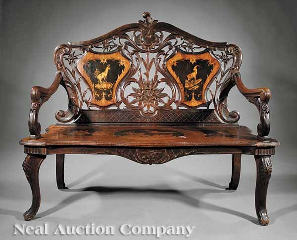 Swiss Mahogany and Marquetry Parlor Suite: A Fine Swiss Renaissance Revival Mahogany and Marquetry Parlor Suite, mid-19th c., comprising a settee, two side chairs and a tilt-top tea table, all featuring marquetry panels of mountain goats, sett