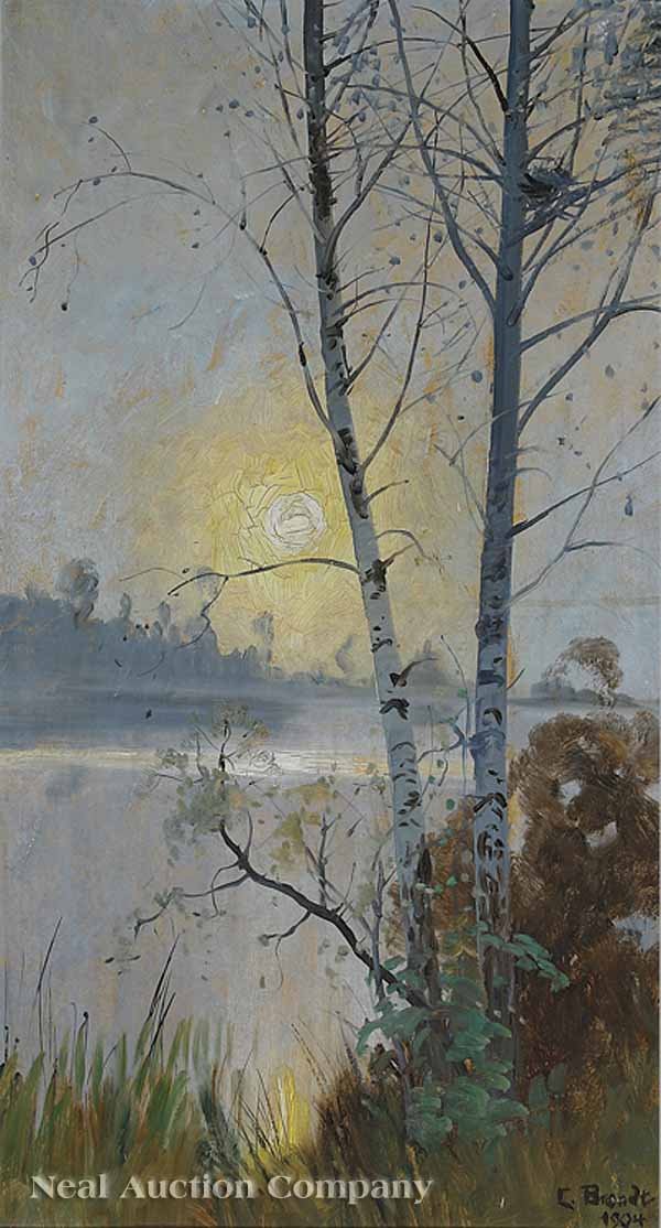 Carl Brandt (Swedish, 1852-1930): Carl Brandt (Swedish, 1852-1930), "Birch Trees on the Water", oil on board affixed to masonite, signed and dated "1904" lower right, 18 in. x 34 in., framed