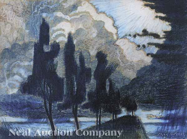 Max Weber (Polish/American, 1881-1961): Max Weber (Polish/American, 1881-1961), "Trees", mixed media, signed, 10 in. x 8 in., framed