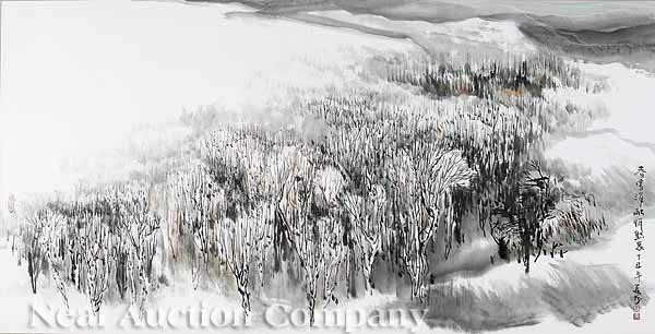 Wan Ding (Chinese, b. 1955): Wan Ding (Chinese, b. 1955), "The Sadness of Winter's Passing: Melting Snow", ink and color on paper, inscribed, signed and sealed middle to lower right, sealed middle left, 27 1/4 in. x 54 in., mount