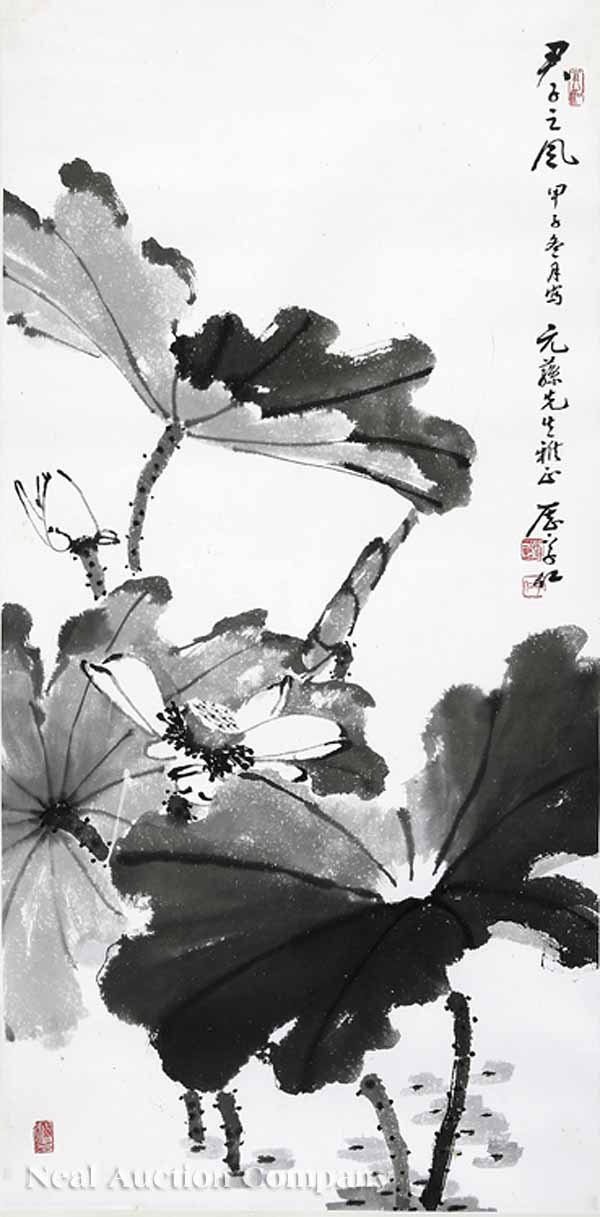 Li Ziren (Taiwanese, active 20th c.): Li Ziren (Taiwanese, active 20th c.), "Flowering Lotus: This Way and That", two paintings, one horizontal, one vertical, ink on paper, each signed and sealed, 18 1/4 in. x 36 in. and 36 in. x 17 3/4 i