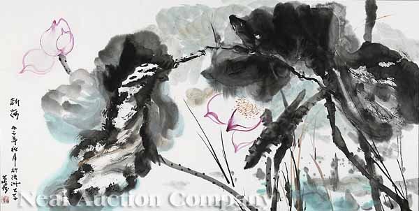 Wan Ding (Chinese, b. 1955): Wan Ding (Chinese, b. 1955), "With the Lotus Blossoms Comes Serenity", ink and color on paper, inscribed, signed and sealed middle to lower left, sight 26 1/4 in. x 52 3/4 in., framed