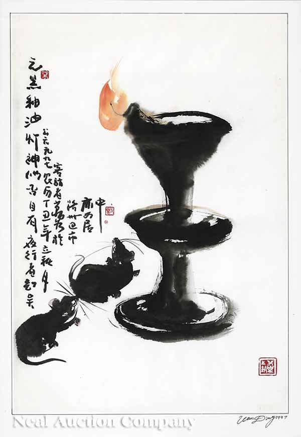Wan Ding (Chinese, b. 1955): Wan Ding (Chinese, b. 1955), "Mysterious Yuan Ware: Perhaps the Mice Will Unlock its Secrets", ink and color on paper, inscribed, signed and sealed upper to middle left, sealed lower right, signed and